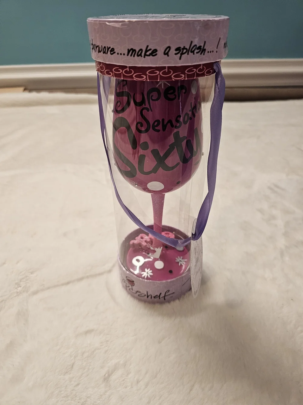 Top Shelf Hand Painted 60th Celebration Pink Glitter Stemmed Wine Glass
